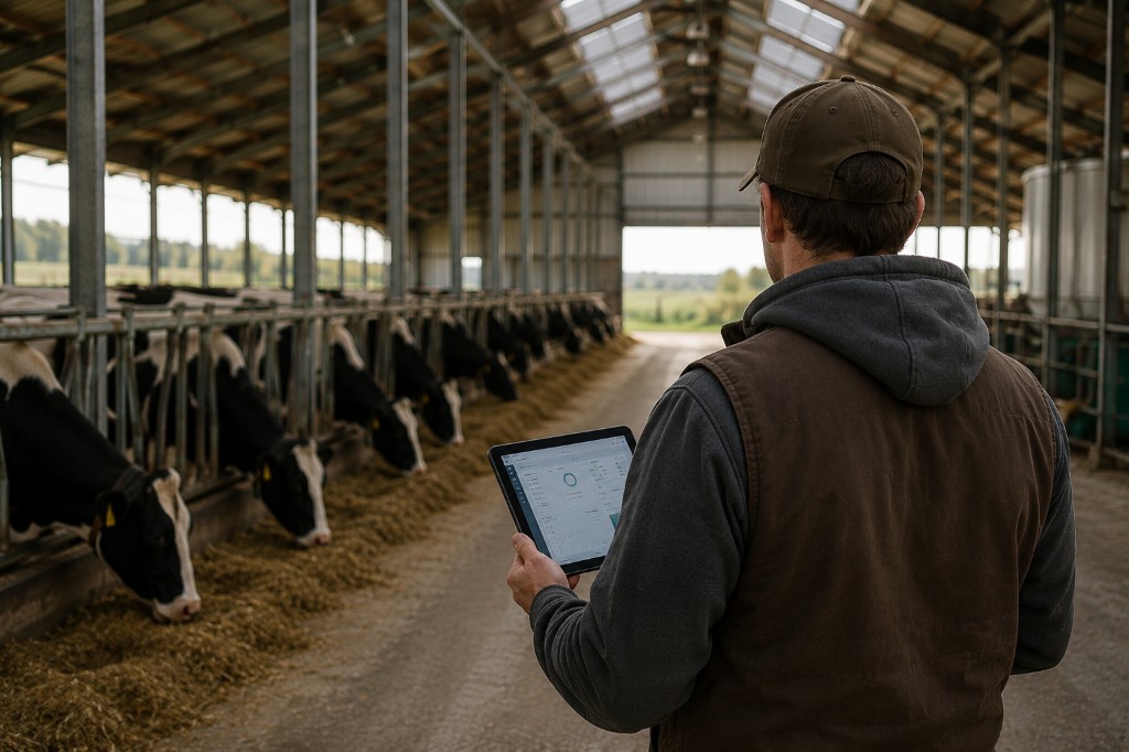Technician reviewing dairy facility monitoring data on a tablet inside a Wisconsin dairy barn