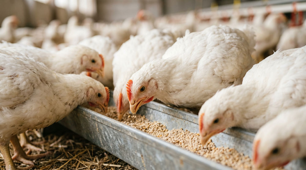 Chickens feeding in a poultry facility