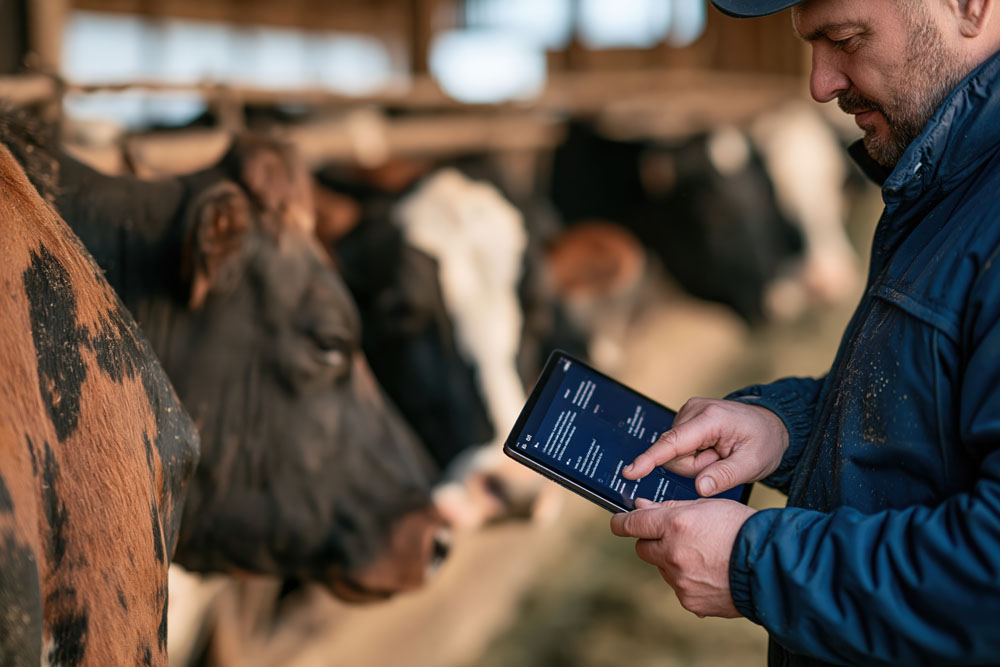 Farm worker reviewing inspection information on a tablet