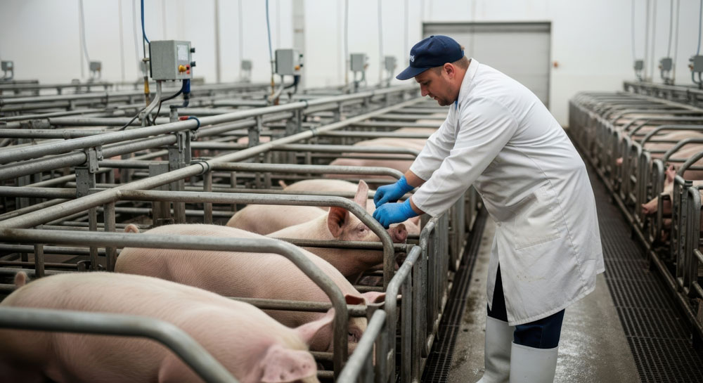 Farm worker inspecting pigs in a modern hog facility
