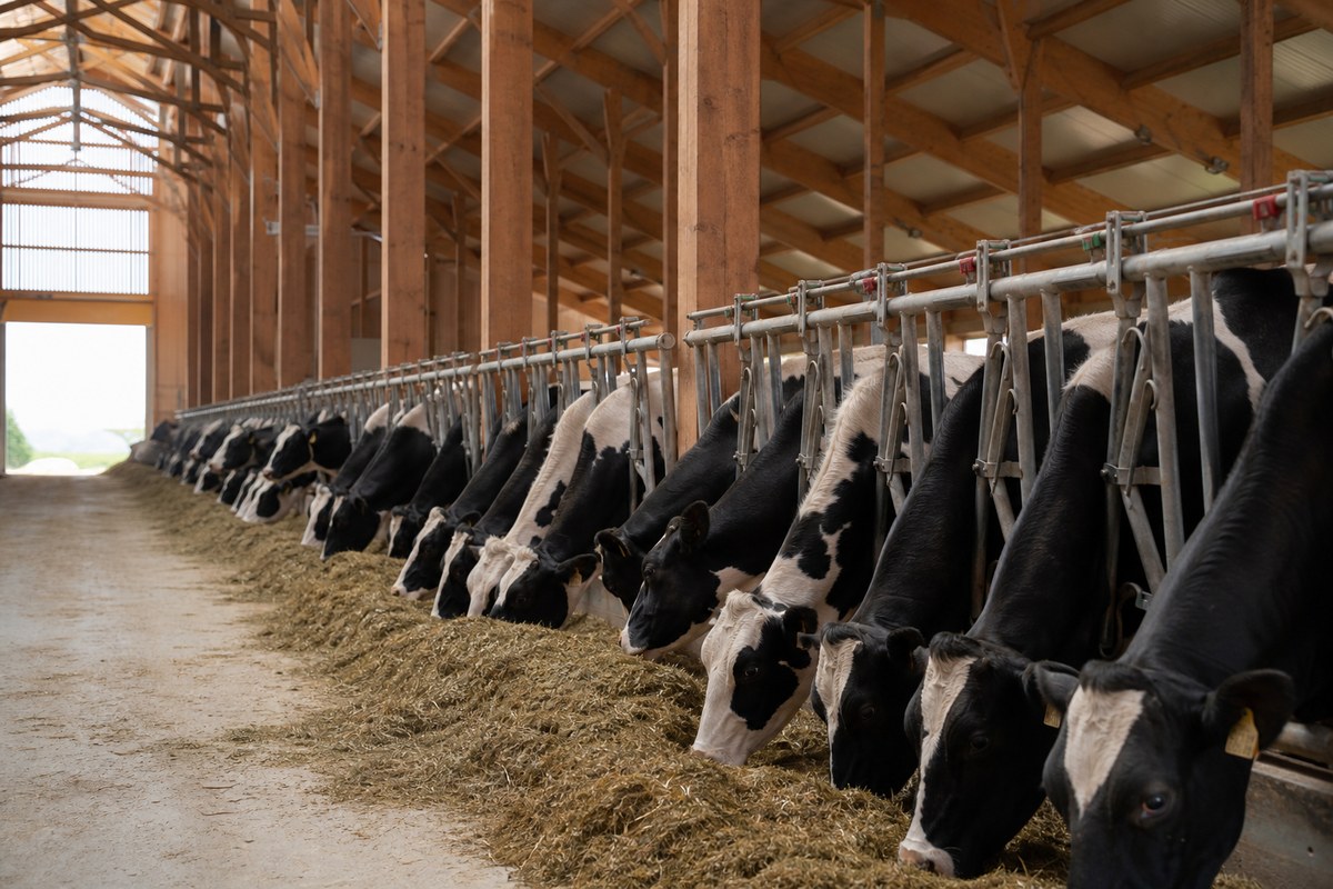 Dairy barn with Holstein cows