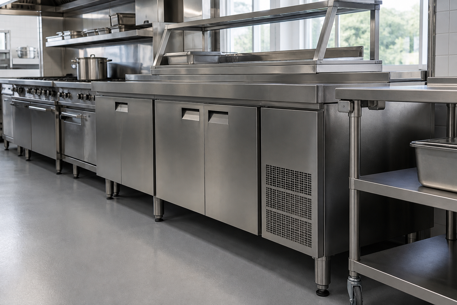 Commercial kitchen prep area with stainless equipment