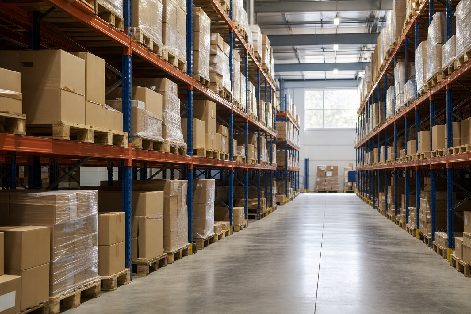 Warehouse storage aisle with pallet racking and packaging