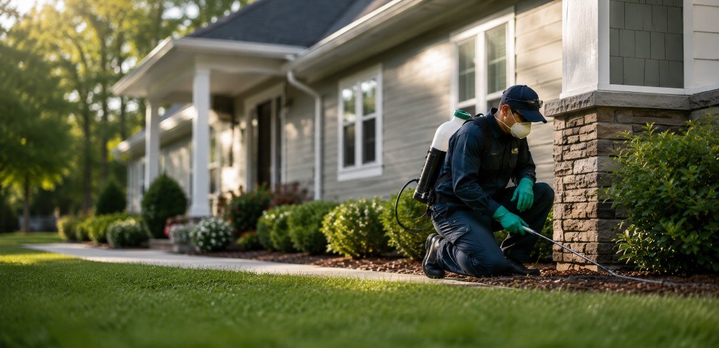 Pest control technician treating the exterior of a facility
