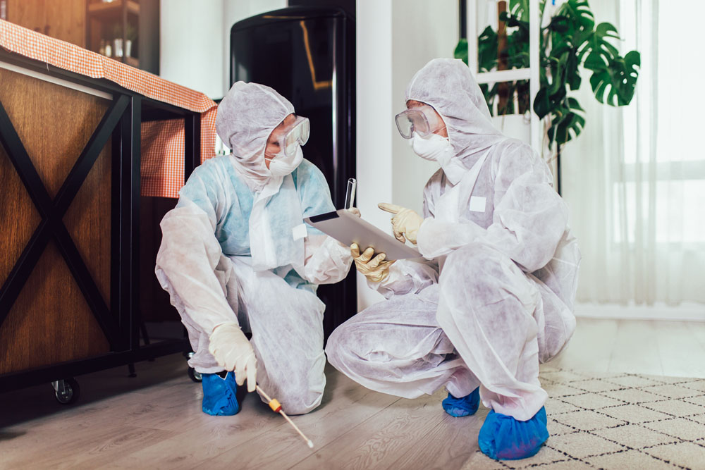 Technicians in protective equipment inspecting a facility