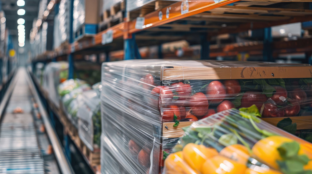 Wrapped produce pallets in a warehouse aisle