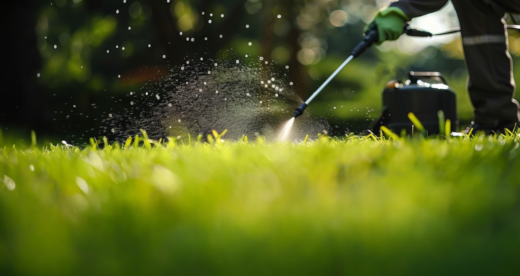 Technician spraying treatment across agricultural turf and crop grounds