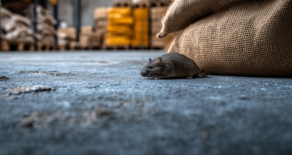 Mouse on a warehouse floor near stored goods