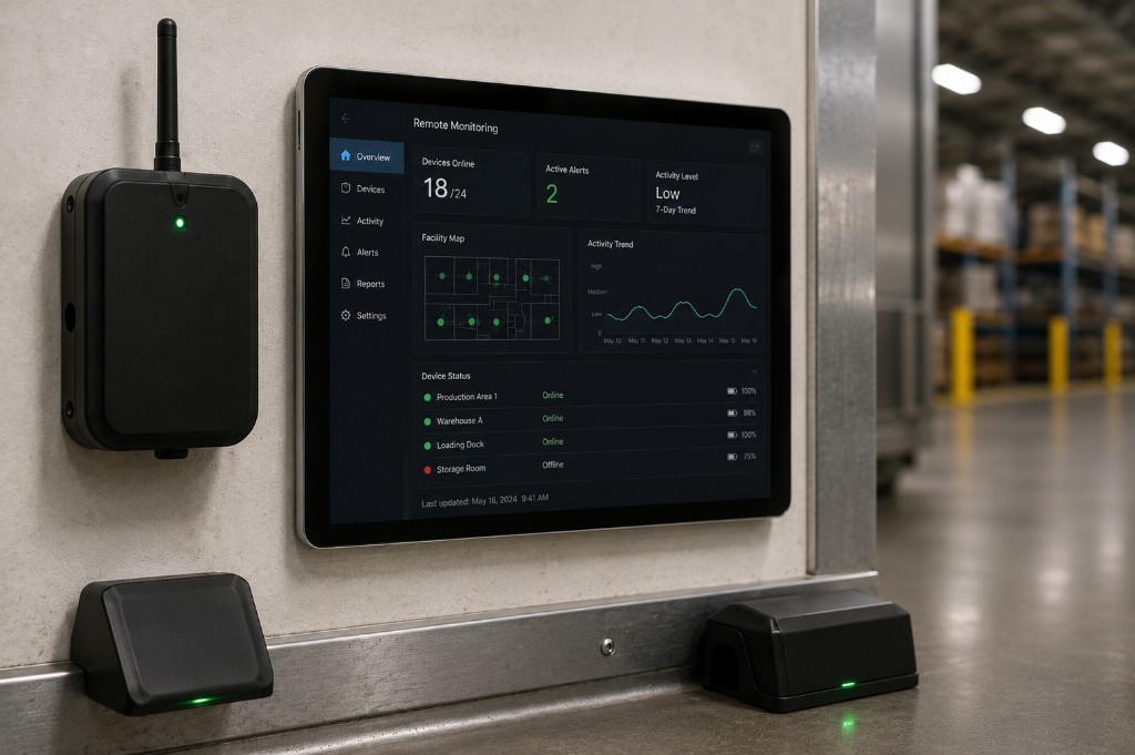 Remote monitoring dashboard with gateway and floor sensors in a warehouse