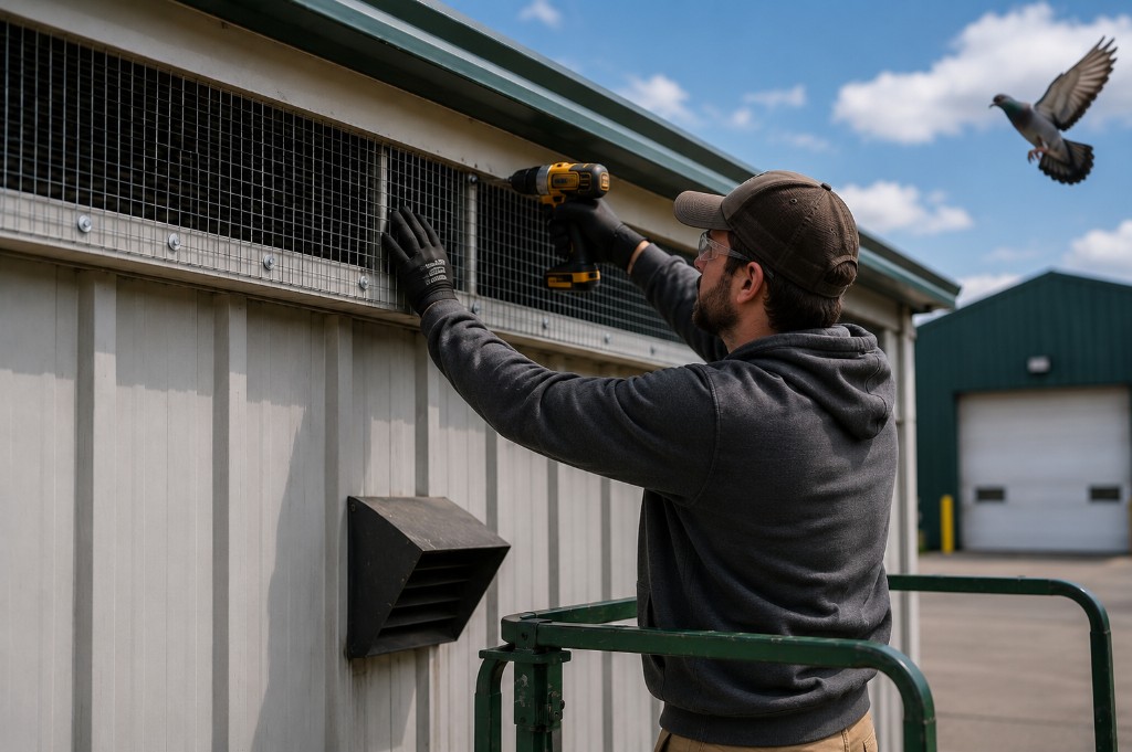 Technician installing bird exclusion mesh on a commercial building while a pigeon flies away
