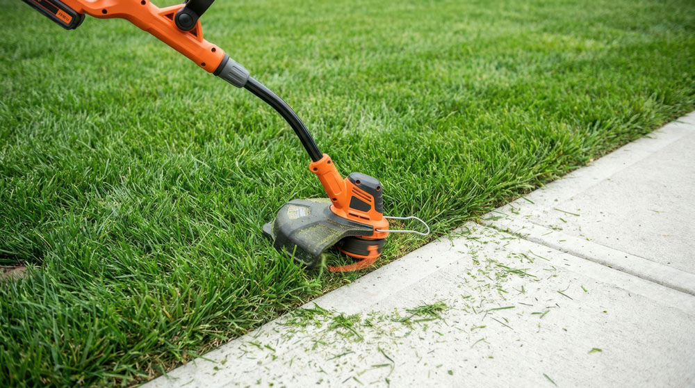 String trimmer clearing grass along a concrete walkway