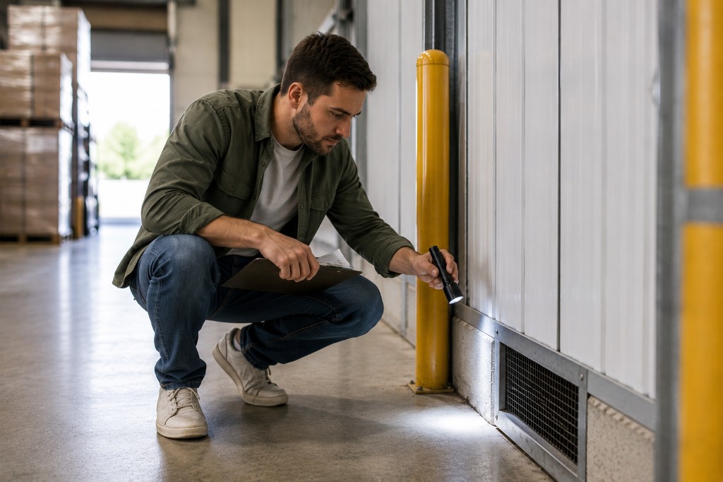 Technician kneeling to inspect a facility foundation with a tablet near grain silos