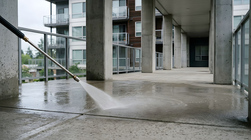 Worker pressure-washing a commercial building exterior